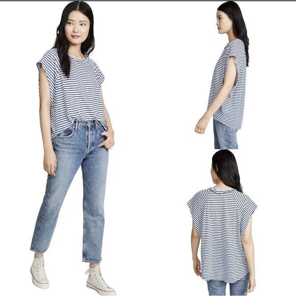 Free People Tops - We The Free People Womens Blue White Striped T Shirt Sz S Halo Cap Sleeve Boho